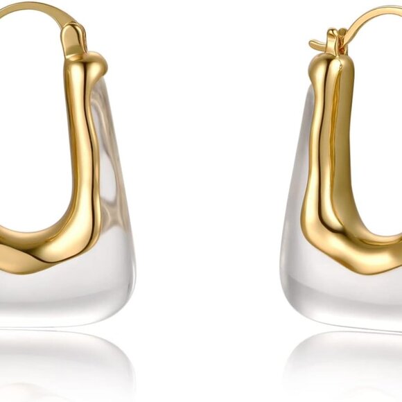 Acrylic Hoop Earrings Gold Lucite Transparent Resin Rectangle Clear Hoops for Wo - Picture 1 of 9